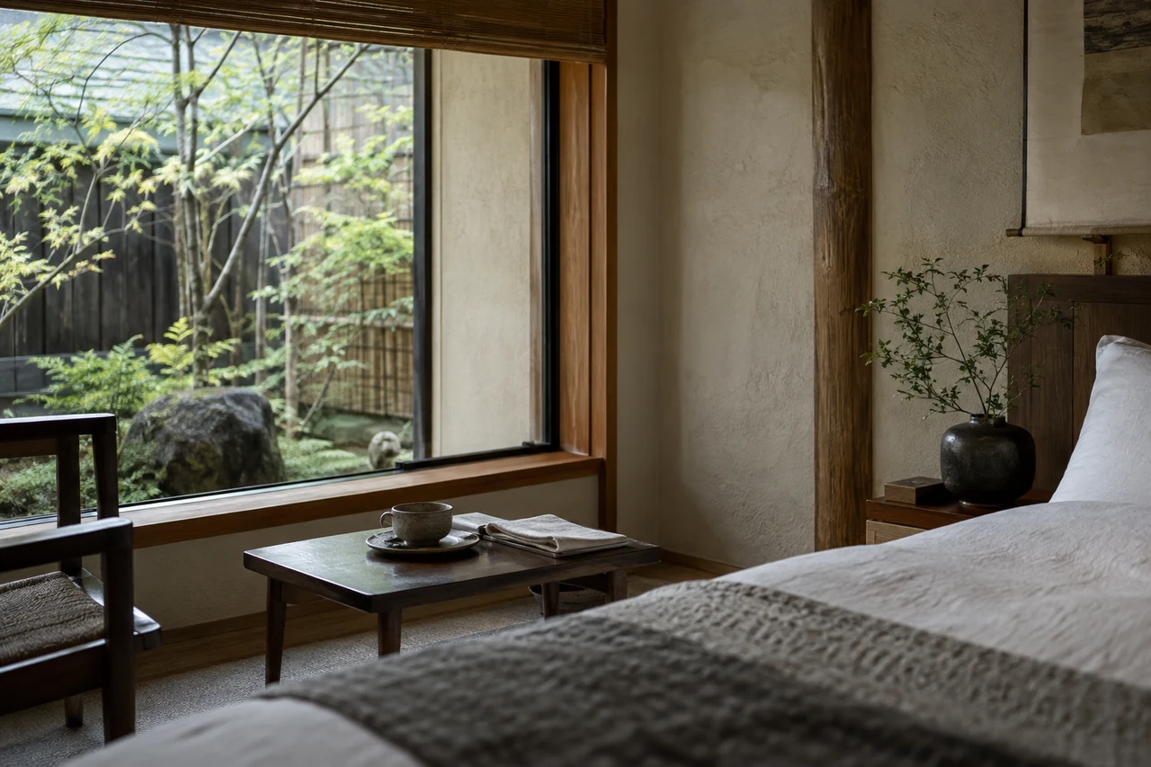 庭院客房里的窗景、茶桌与床铺