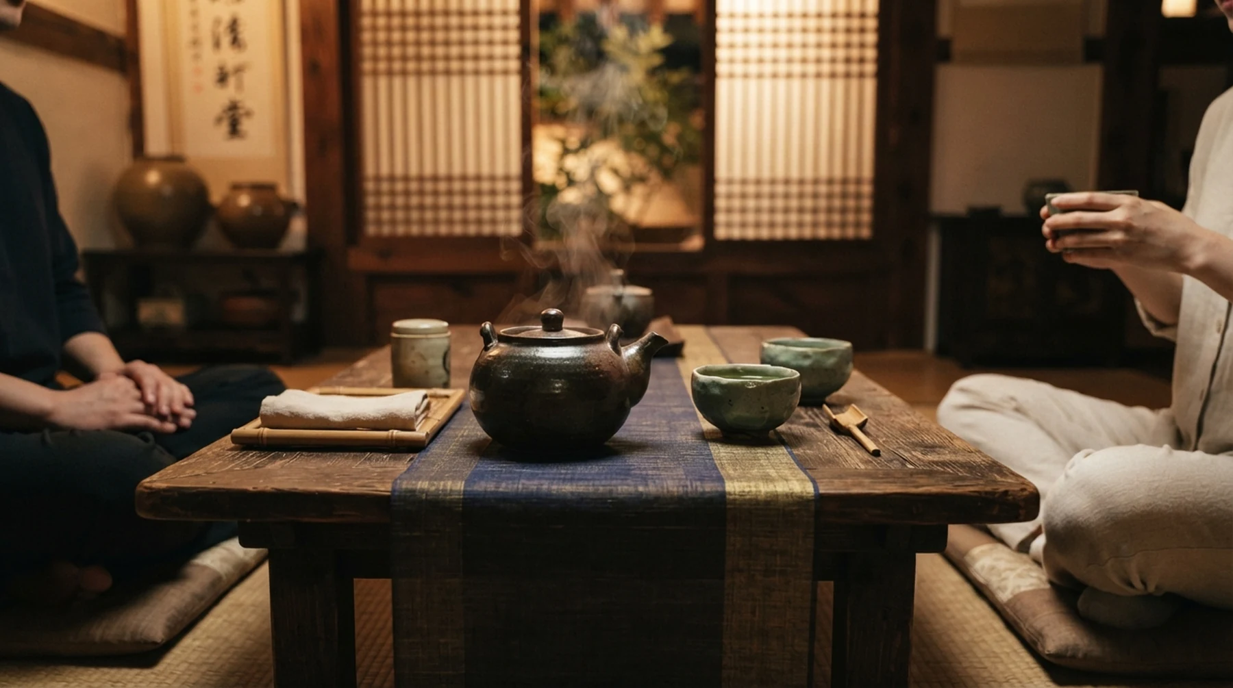 茶席上的茶壶、器物与升腾的热气